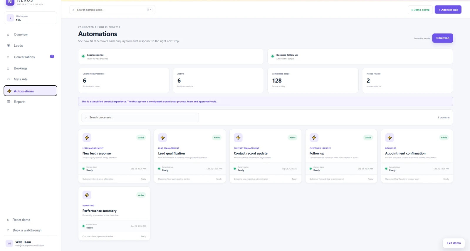 NEXUS Automations screen using sample data