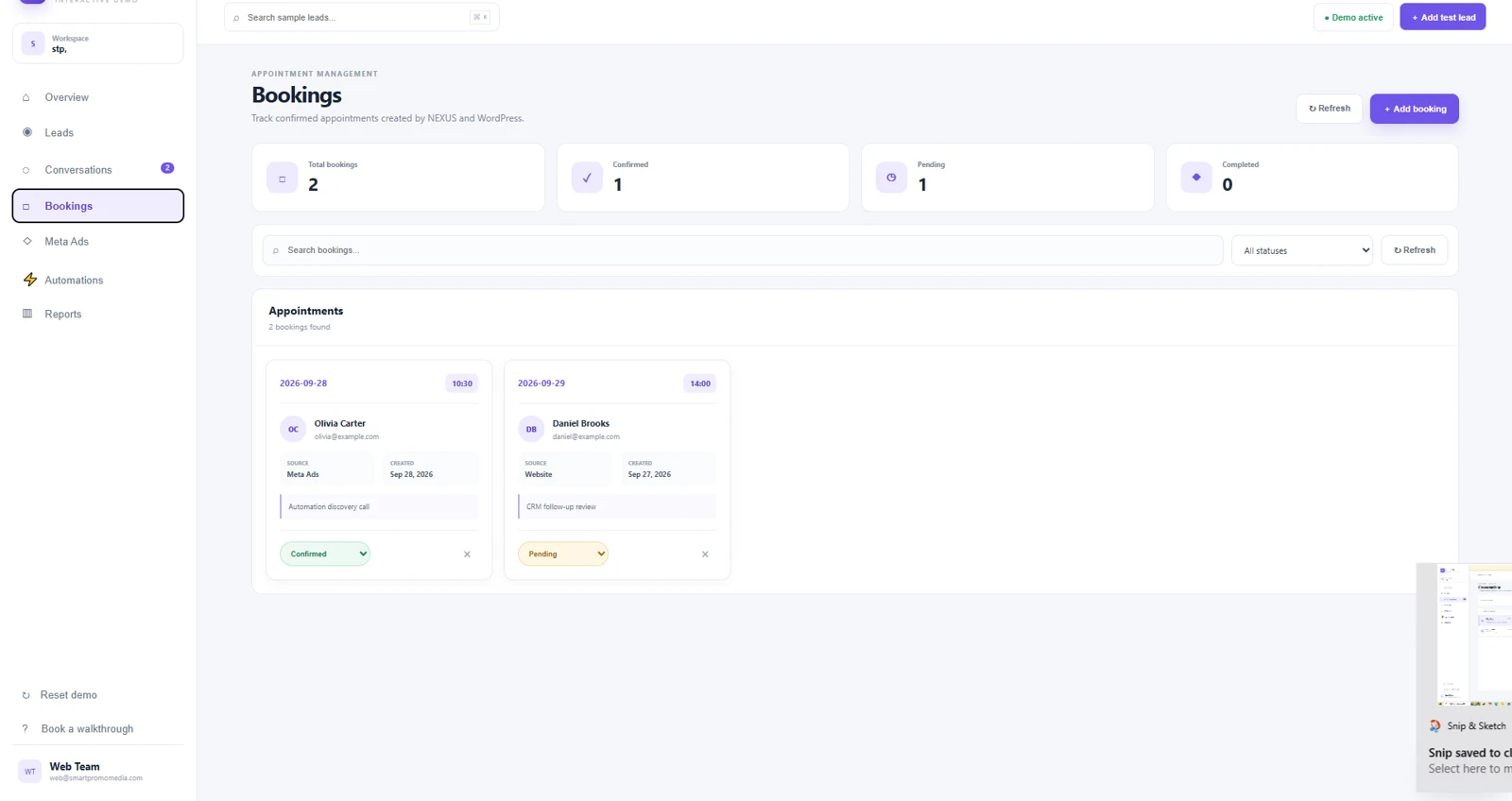 NEXUS Bookings screen using sample data