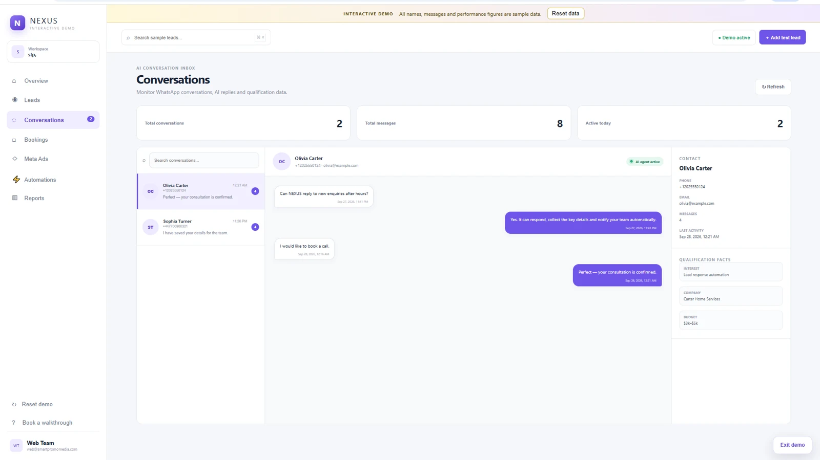NEXUS AI conversations screen using sample data