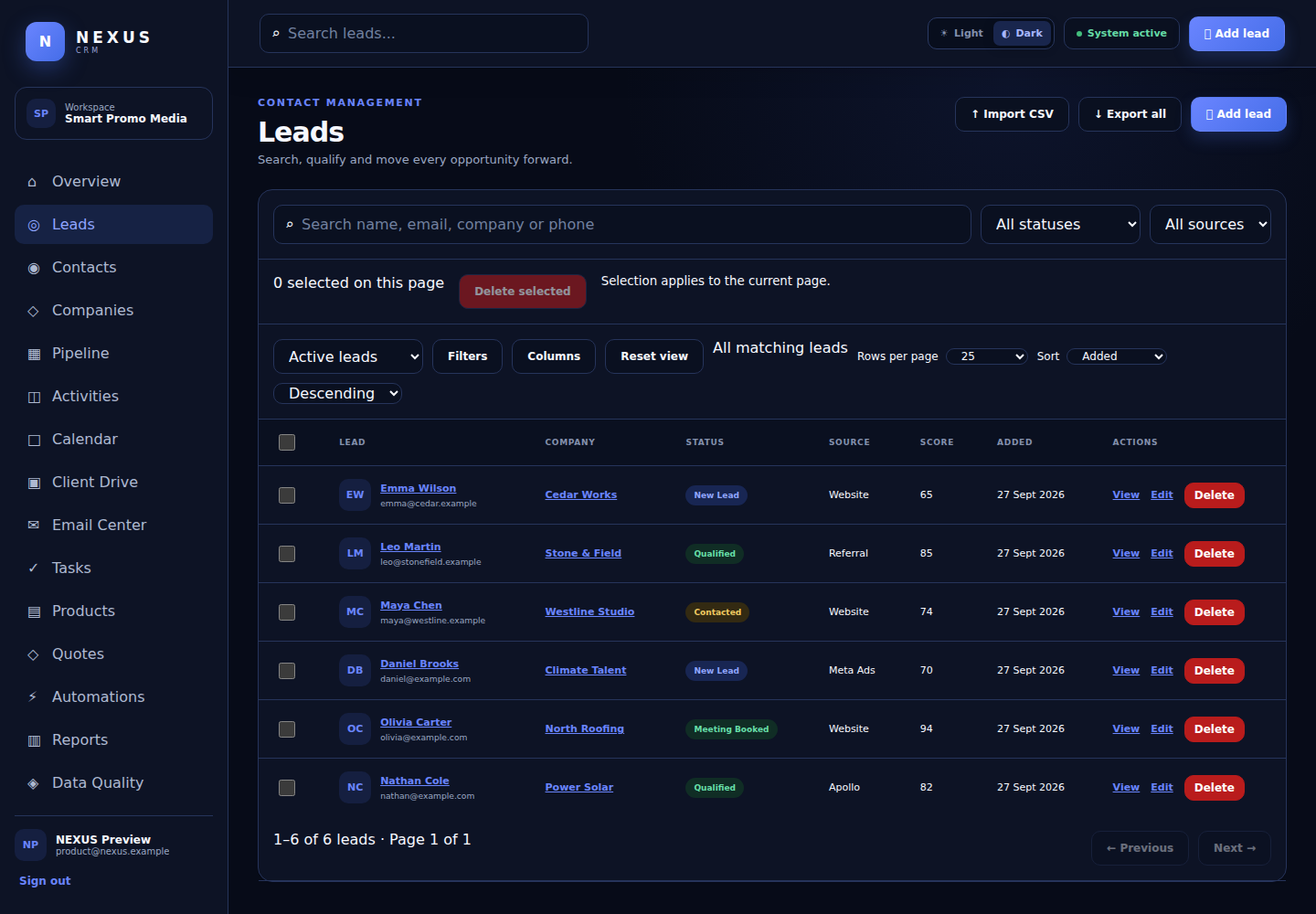 NEXUS CRM sample leads