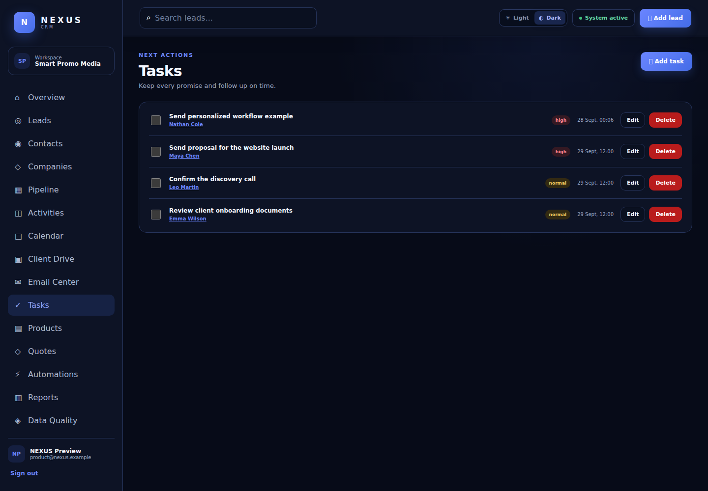 NEXUS Tasks & quotes screen using sample data