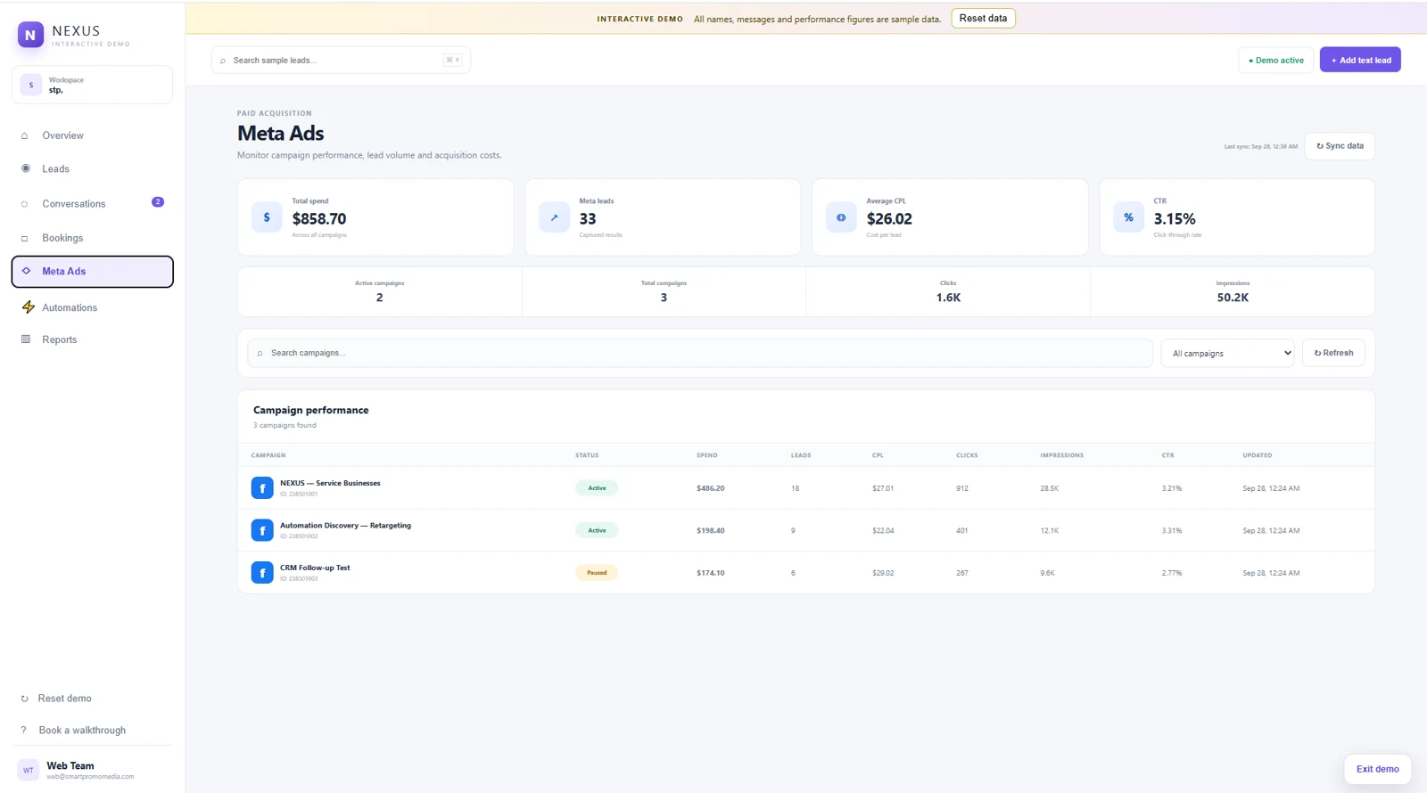 NEXUS Meta Ads screen using sample data